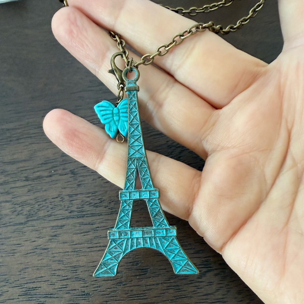 Bronze Patina Eiffel Tower Carved Turquoise Butterfly Pendant Necklace - Picture 8 of 9